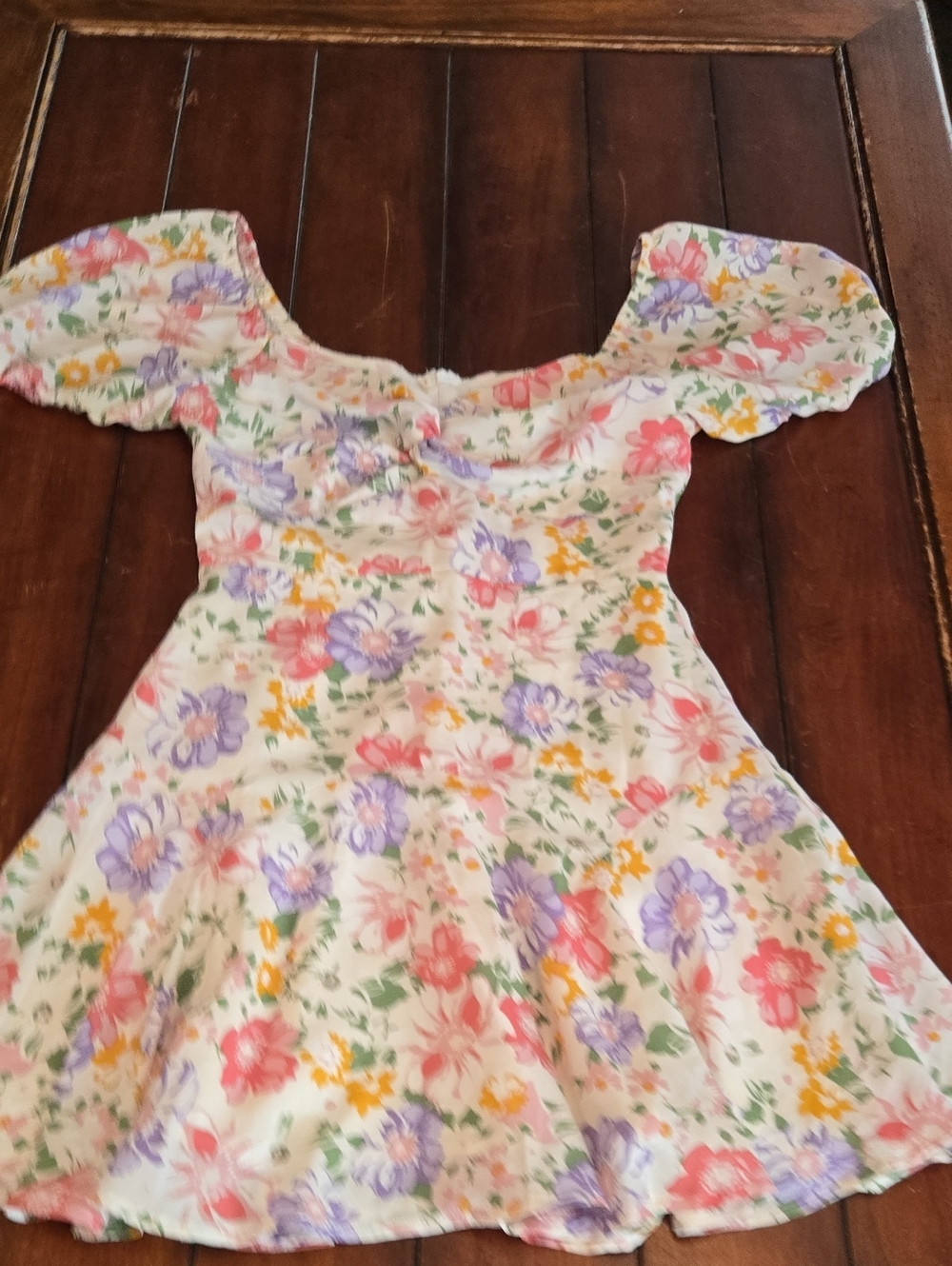 Hello Molly White Off-Shoulder Floral Dress with Pink, Purple & Yellow Flowers